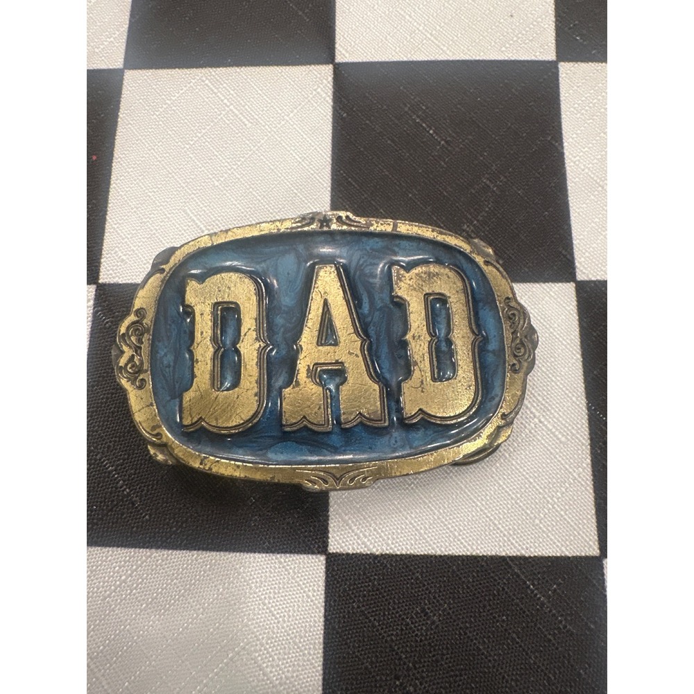Vintage 1985 Great American Buckle Co DAD Brass Blue western Belt Buckle  USA